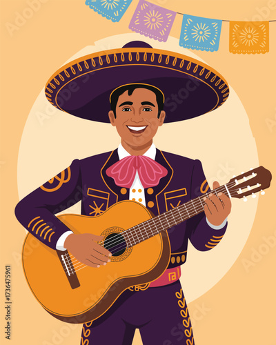 Vibrant flat vector illustration depicting a joyful mariachi musician playing guitar at a traditional Mexican fiesta celebration
