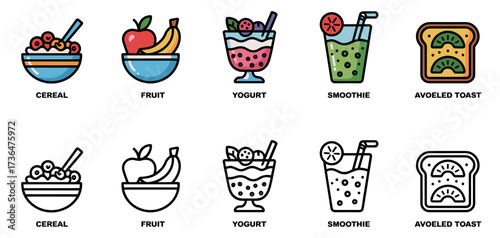 healthy breakfast icon set with cereal, fruit, yogurt, smoothie and avocado toast symbols, vector illustrations for light morning fare and healthy eating