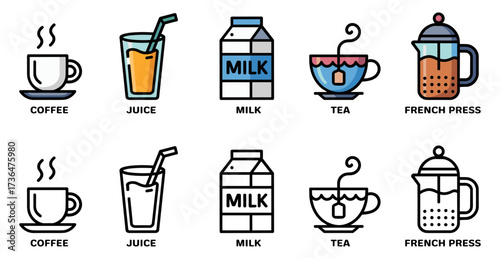 morning beverages icon set with coffee, juice, milk, tea and french press symbols, vector illustrations for hot and cold breakfast drinks