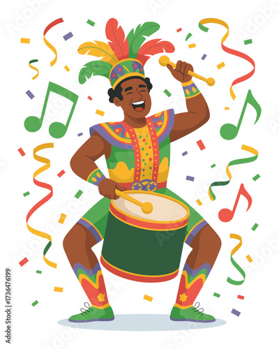 Joyful carnival musician playing drum amidst festive confetti and musical notes, celebrating vibrant cultural event with boundless energy