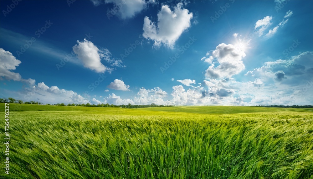 Obraz premium vibrant green field under a bright blue sky with scattered clouds depicting a serene and sunny atmosphere