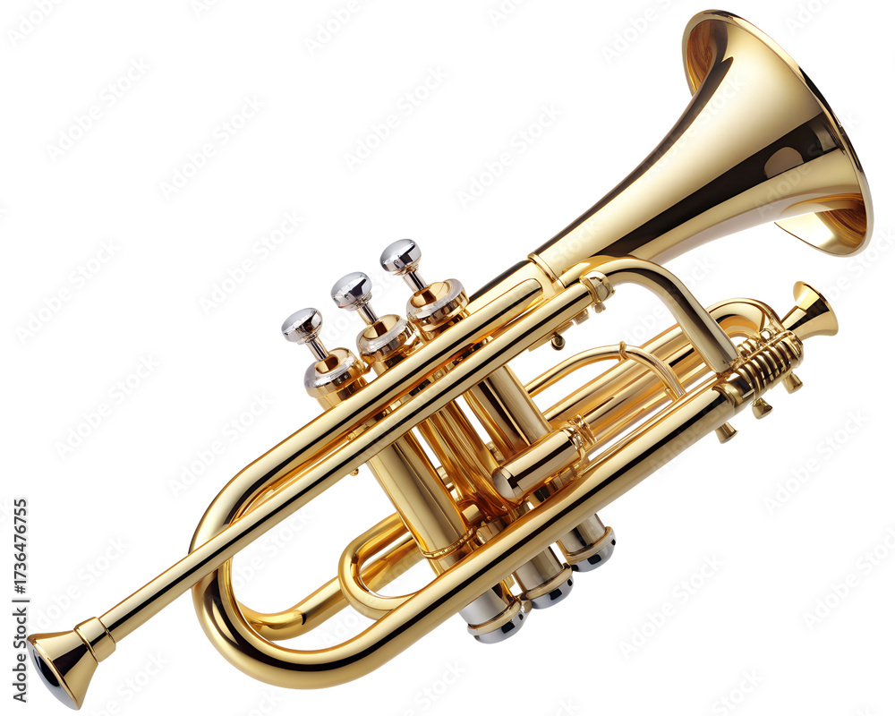 Obraz premium A shiny golden trumpet musical instrument isolated on a transparent background