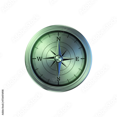 A metallic compass with a blue needle pointing north, isolated on transparent background