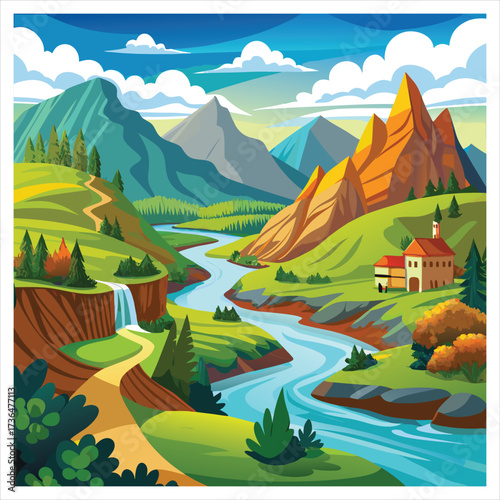 Vibrant river valley landscape with mountains and a small house