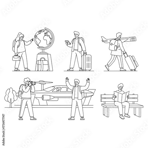 A versatile set of outline illustrations depicting people engaged in various travel, tourism, and vacation activities