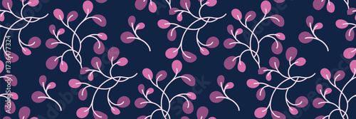 Seamless botanical pattern with abstract purple leaves on navy blue background. Autumn dark blue background Ideal for textiles, wallpapers and wrapping paper. Modern vector illustration.
