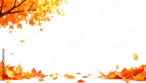 Bright Autumn Leaves Falling with Minimal White Background and Tree Branch