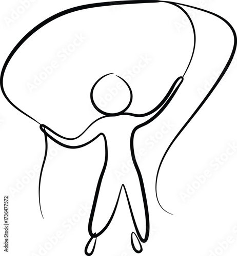 A single line drawing a person jumping rope with a large loop Continous line drawing