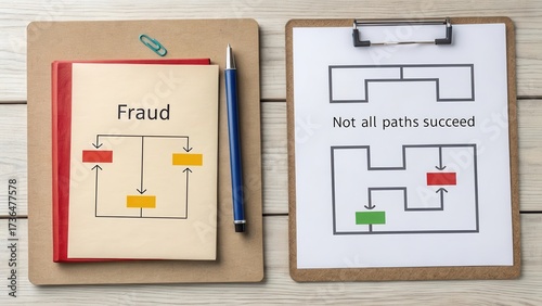 Two flowcharts depicting processes and paths on wooden board
