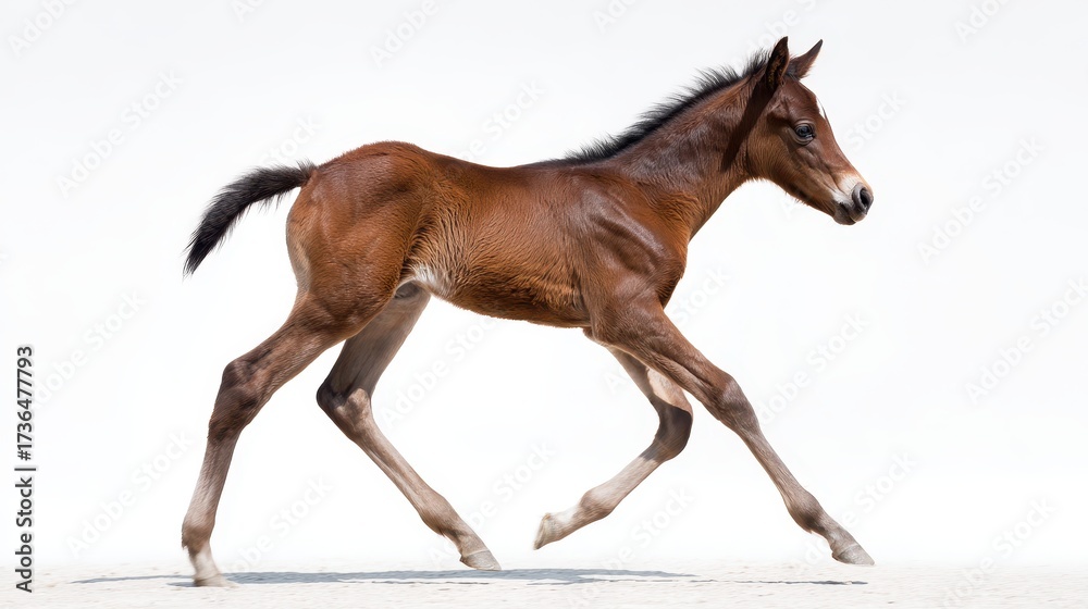 Fototapeta premium Brown foal gracefully moving across white background, demonstrating youthful agility