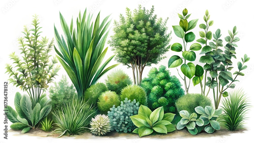 Fototapeta premium Collection of various green garden plants isolated on white background