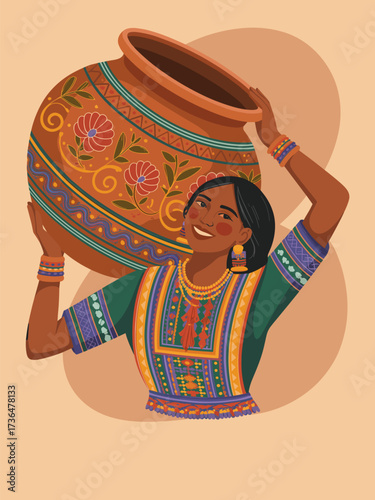 Joyful Woman Carrying Decorated Earthen Pot - Vibrant Flat Vector Illustration of Traditional Culture