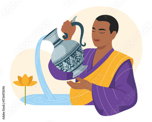Man Pouring Water from Ornate Pitcher into Water with Lotus Flower