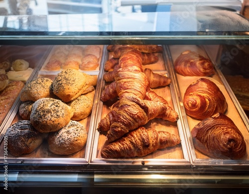 bread and croissants in glass bakery case
