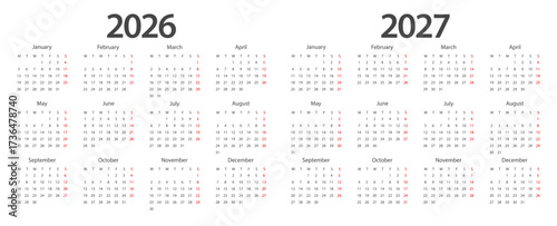 Calendar 2026, calendar 2027 week start Monday corporate design planner template.