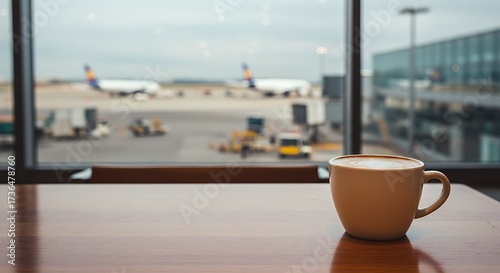 Cup of latte coffee on wooden table with blurry airport tarmac and aircrafts in background. Travel awaiting concept.