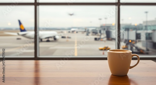 White coffee cup with steam on a wooden table, overlooking an airport runway. Travel and flight concept for journey and vacation design.