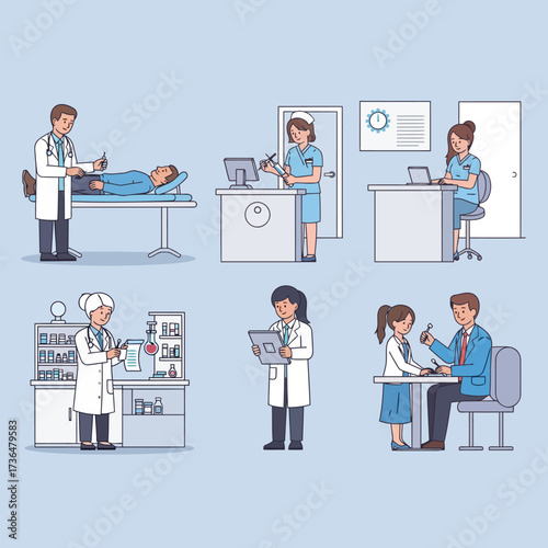 A comprehensive set of vector illustrations showcasing doctors, nurses, and patients during medical consultations and treatments in a clinic