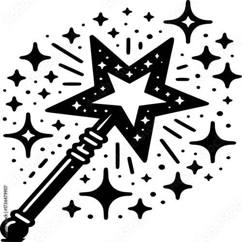 Star Magic: A whimsical illustration of a magic wand, radiating star-shaped sparkles, embodying enchantment and wonder.