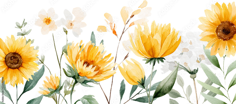 Fototapeta premium Watercolor sunflower and wild flower border