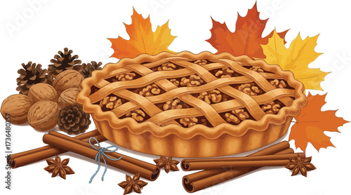 Delicious walnut pie with cinnamon sticks and autumn leaves for thanksgiving day