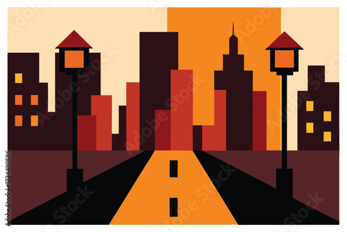 Geometric Cityscape at Sunset Abstract Buildings, Streetlights, and Road Art Illustration