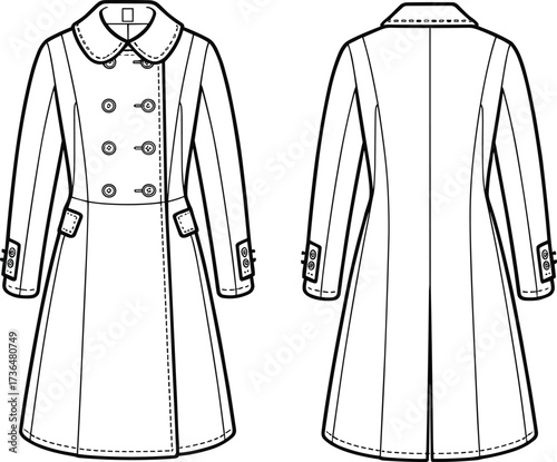 Fashion sketch, women trench coat design, black and white illustration, double breasted, rounded collar, button front, waist belt, cuff tabs, back seams, garment template