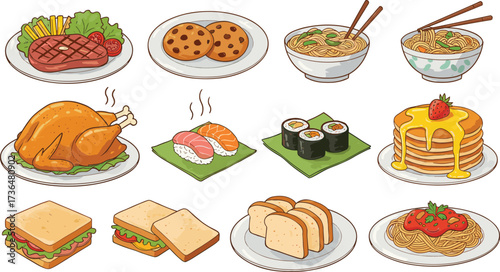 Flat vector food icons, international cuisine illustration, cartoon meal collection, restaurant menu design, cultural dishes graphic, culinary symbol set, diverse dining elements