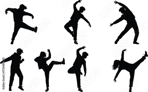 PrintDance silhouette vector, people dancing illustration, hip hop moves, street dance figures, modern choreography poses, black shadow art, performance design clipart