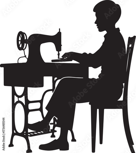 Silhouette of person sewing on vintage sewing machine