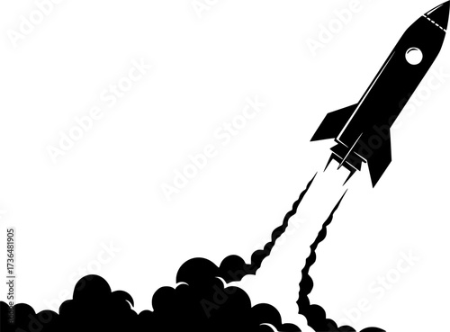Black silhouette of a rocket launching with smoke and clouds isolated on white background silhouette
