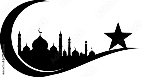 Crescent moon with mosque and star silhouette isolated on white background

