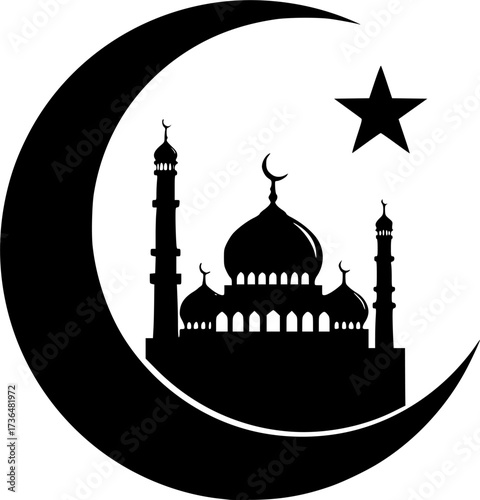 Crescent moon with mosque and star silhouette isolated on white background

