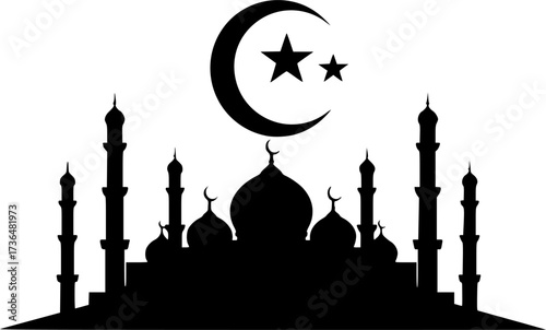 Crescent moon with mosque and star silhouette isolated on white background
