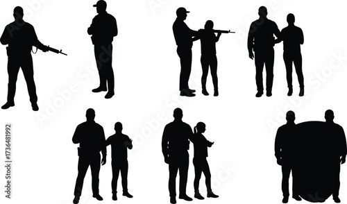 PrintSecurity guard silhouettes with weapons, military training illustration, people in protection role, armed forces defense, law enforcement figures, vector design