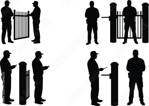 PrintSecurity guard silhouettes at entrance gate, access control illustration, man checking ID, gatekeeper monitoring entry, safety inspection, vector design