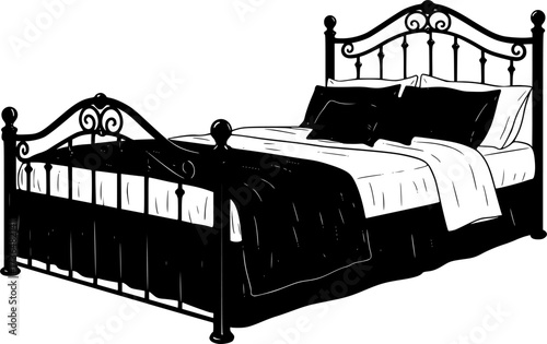 Classic wrought iron bed frame with pillows and bedding isolated on white background silhouette
