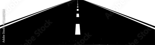 Perspective view of a black asphalt road with white dashed lines isolated on white background silhouette