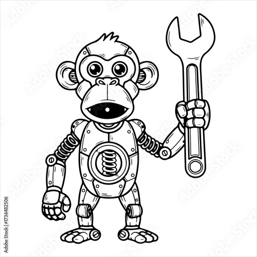 Futuristic mechanical monkey robot character holding a large wrench, symbolizing innovative engineering, automation, and intelligent repair solutions for modern industry and technology concepts