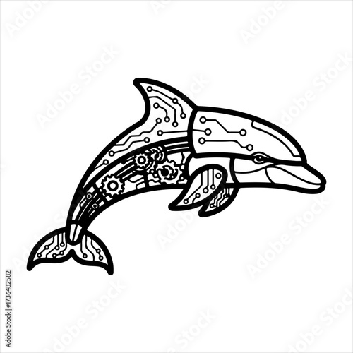 Futuristic robotic dolphin concept art in a black and white vector style, showcasing internal mechanics with gears and cybernetic circuits