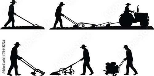 PrintSilhouette farmers plowing field, tractor farming, traditional agriculture tools, soil cultivation, crop growing, rural lifestyle, agricultural machinery, village farming process