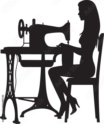 Silhouette of woman sewing at vintage machine vector