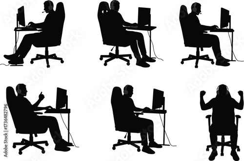PrintSilhouette gamer at computer desk, esports player with headset, online gaming man, streaming setup, gaming chair user, video game competition