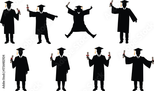 PrintSilhouette graduate student holding diploma, graduation cap gown ceremony, education success celebration, academic achievement, college university graduate, successful student milestone moment
