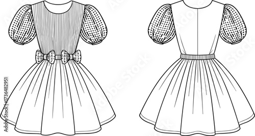 Fashion sketch, girl dress design, black and white illustration, puff sleeve, pleated bodice, flared skirt, waist bows, dotted pattern, back view, garment template