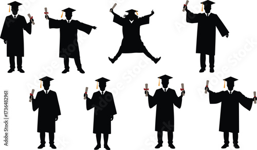 PrintSilhouette graduate student holding diploma, graduation cap gown ceremony, education success celebration, academic achievement, college university graduate, successful student milestone moment