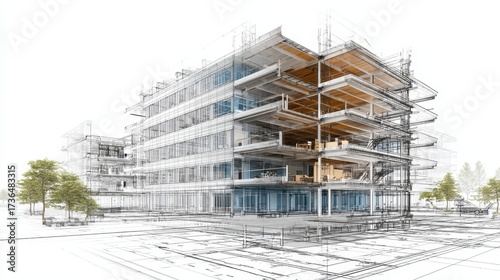 Fototapeta Naklejka Na Ścianę i Meble -  Building design evolving from a detailed architectural sketch blueprint to a visible modern structure and interior, illustrating the construction process and urban development