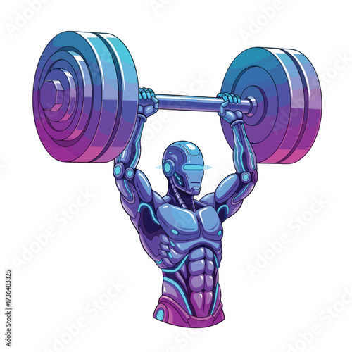 Futuristic Humanoid Robot Weightlifting Neon Dumbbells