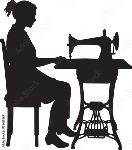Silhouette of woman sewing on antique sewing machine