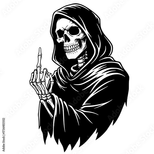 Grim Reaper Skeleton Giving Middle Finger Death Gesture in Cowl, grim reaper, skeleton, death, rude, horror